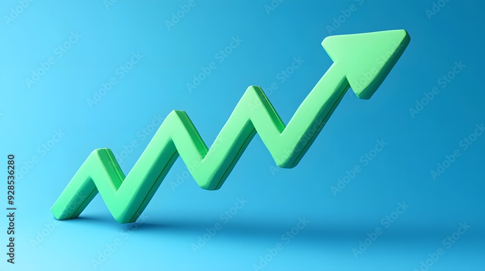 Green upward arrow on blue background symbolizing growth, progress, success, and positive trend in business or stock market. Green upward arrow on blue background symbolizing growth, progress, success, and positive trend in business or stock market.