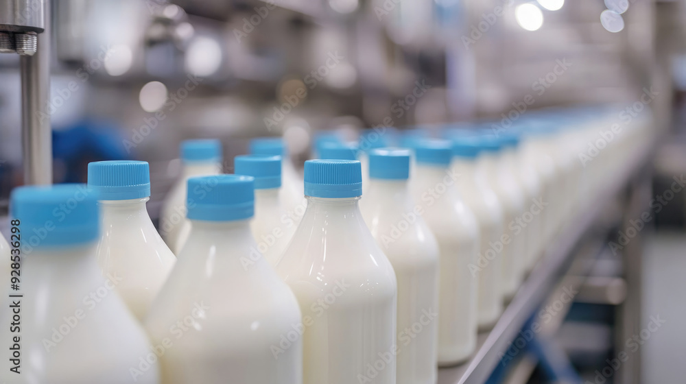 A photo of milk bottles on the production line at an industrial plant A photo of milk bottles on the production line at an industrial plant