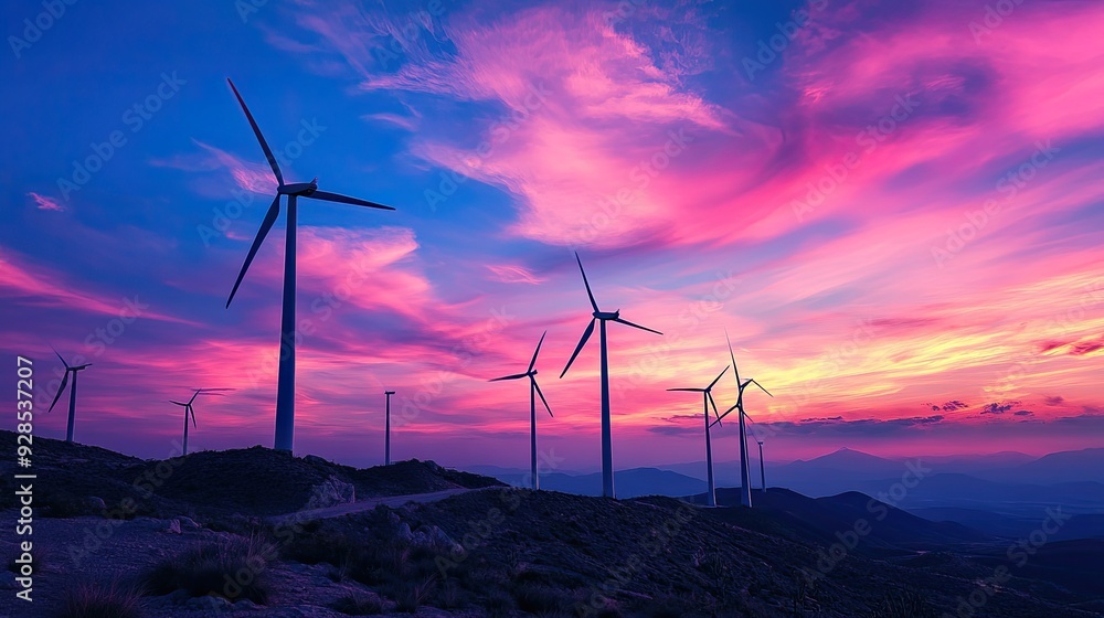 A stunning sunset backdrop for a line of wind turbines, with colors blending beautifully across the sky.