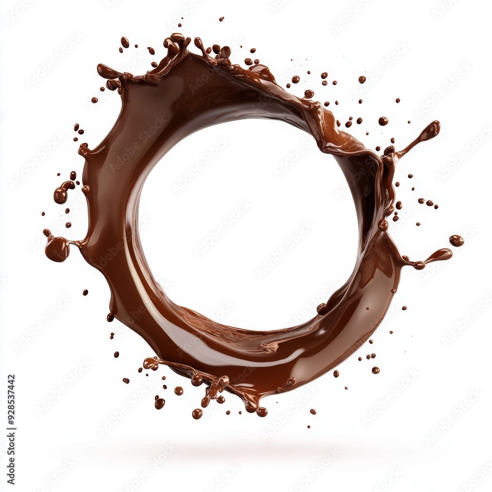 Chocolate splashes form circles on white background, AI generated Image Chocolate splashes form circles on white background, AI generated Image