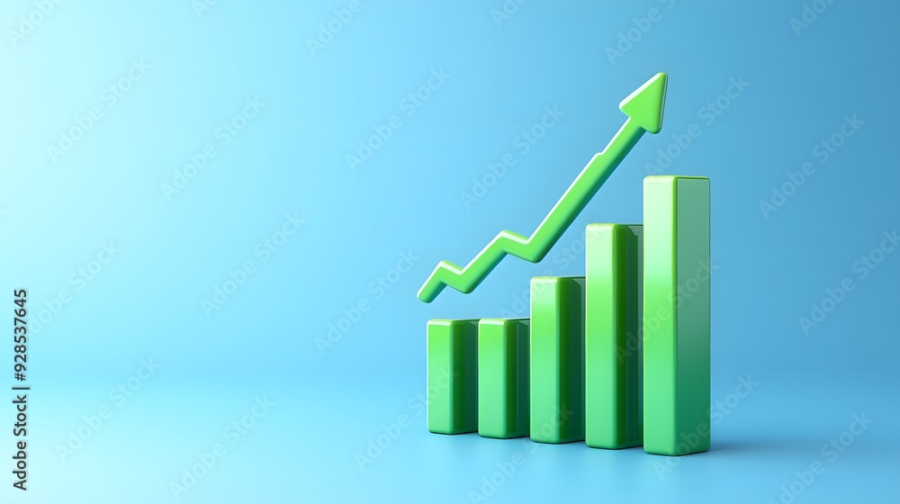 Green upward trend graph on blue background representing business growth, success, and positive financial performance.