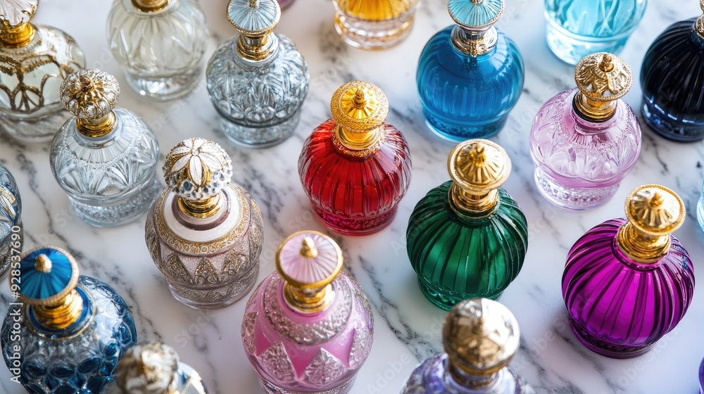 A top view of a collection of beautifully designed perfume bottles, each with intricate detailing and vibrant colors, arranged on a marble surface. A top view of a collection of beautifully designed perfume bottles, each with intricate detailing and vibrant colors, arranged on a marble surface.