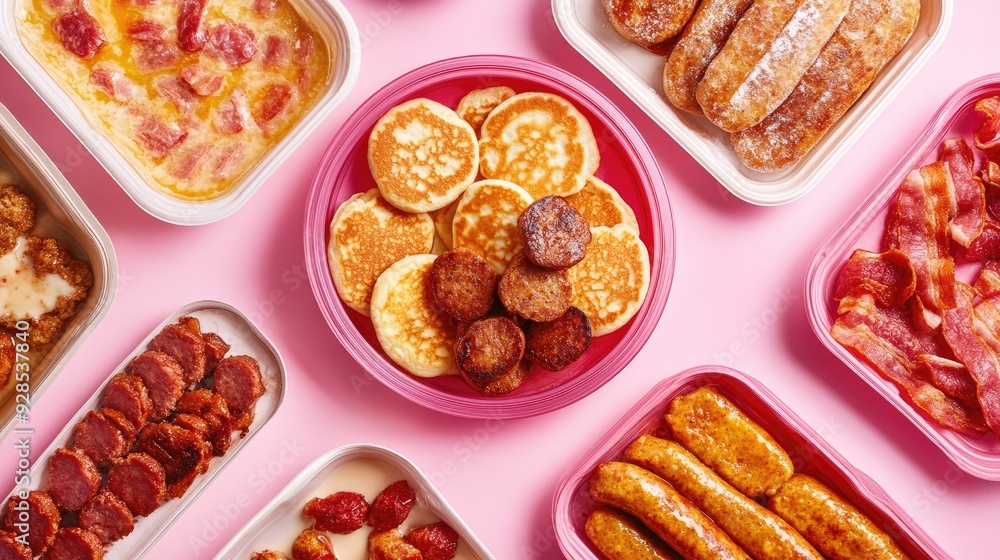 A top view of frozen breakfast items, including sausages, bacon, and pancakes, in vibrant packaging. A top view of frozen breakfast items, including sausages, bacon, and pancakes, in vibrant packaging.