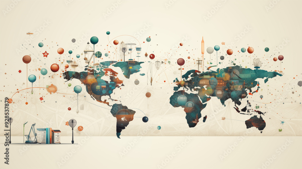 Fototapeta premium Global Communication Network Digital World Map with Cityscapes and Data Points
