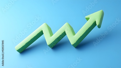 Green upward zigzag arrow on blue background symbolizing business growth, financial progress, and positive increase. photo