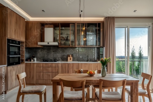 Wallpaper Mural Home kitchen interior with dinner table and cooking cabinet. Panoramic window Torontodigital.ca