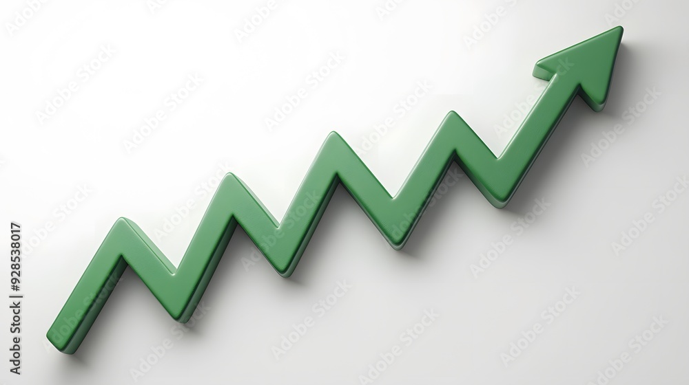 Green upward zigzag arrow symbolizing growth, success, and positive trends in business and finance on a white background. Green upward zigzag arrow symbolizing growth, success, and positive trends in business and finance on a white background.