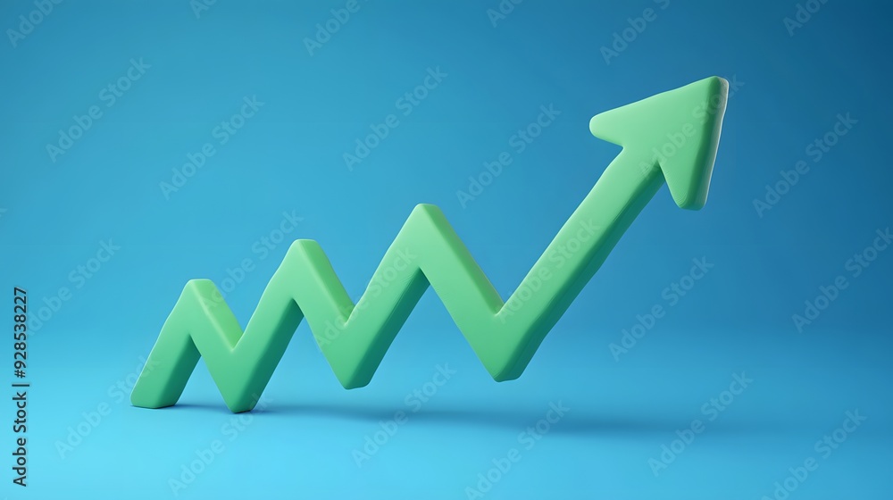 Green upward-pointing zigzag arrow symbolizing growth, success and progress on a blue background. Ideal for business and financial concepts. Green upward-pointing zigzag arrow symbolizing growth, success and progress on a blue background. Ideal for business and financial concepts.