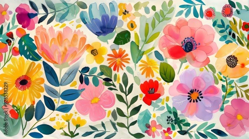Wallpaper Mural Whimsical naive watercolor floral composition with soft pastel flowers and delicate green leaves, ideal for artistic backgrounds, nature-themed designs, greeting cards, wedding invitations, and spring Torontodigital.ca