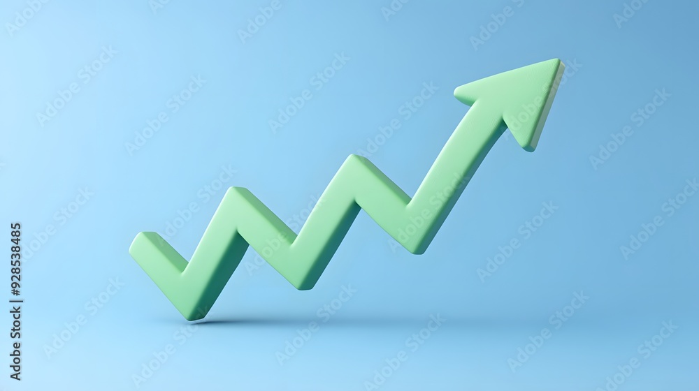 Green zigzag arrow pointing upward on blue background, symbolizing growth, progress, and financial success. Green zigzag arrow pointing upward on blue background, symbolizing growth, progress, and financial success.