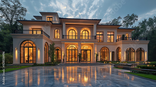 Elegant luxury mansion with large arched windows and glowing lights, reflecting on the wet driveway during twilight, surrounded by lush greenery and trees