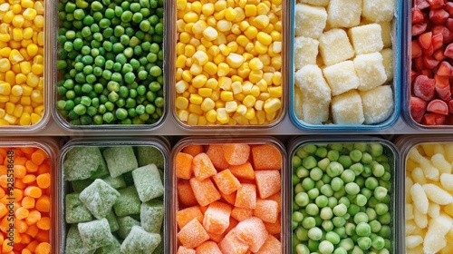 A variety of frozen vegetables, including peas, corn, and carrots, in colorful packaging, displayed in a freezer.