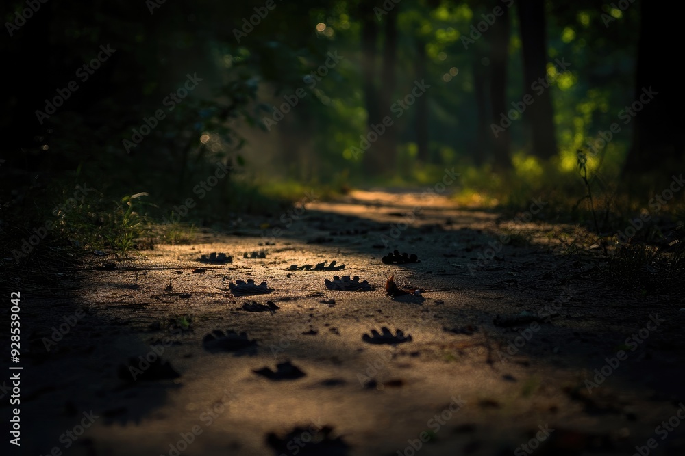 Obraz premium A tranquil forest path illuminated by soft light, adorned with distinct paw prints, evoking a sense of mystery and nature.