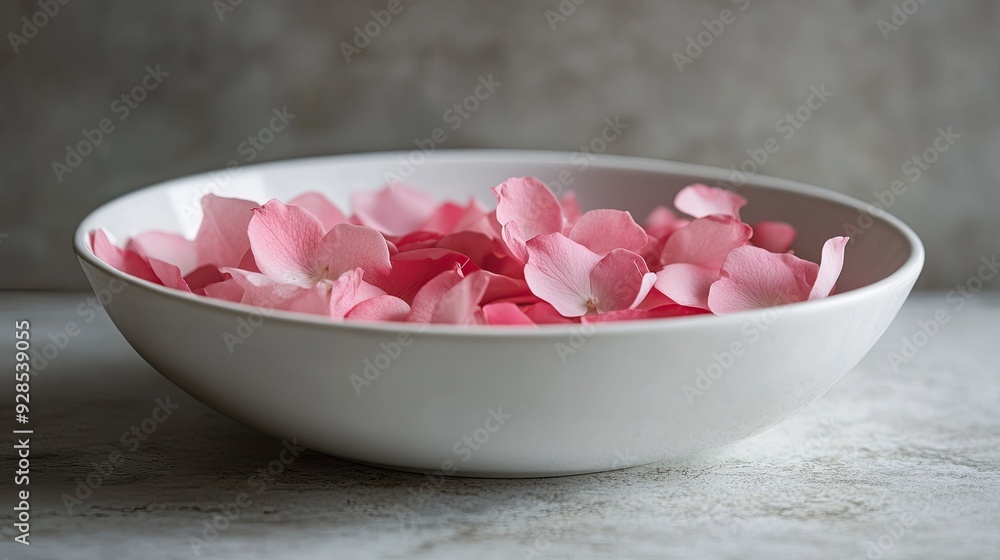 A white ceramic bowl overflowing with pink flower petals, elegantly contrasted by a grey surface. A white ceramic bowl overflowing with pink flower petals, elegantly contrasted by a grey surface.