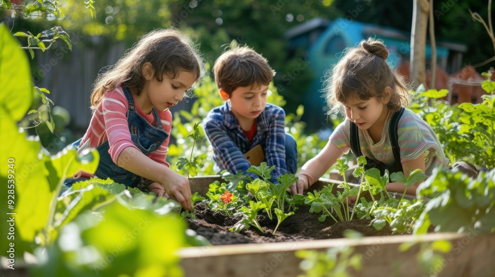 Three children working together planting vegetables in a raised garden bed, enjoying a beautiful sunny day. Three children working together planting vegetables in a raised garden bed, enjoying a beautiful sunny day.