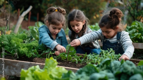 Wallpaper Mural Three young girls are gardening together in a raised bed, happily planting vegetables and enjoying the outdoors. Torontodigital.ca