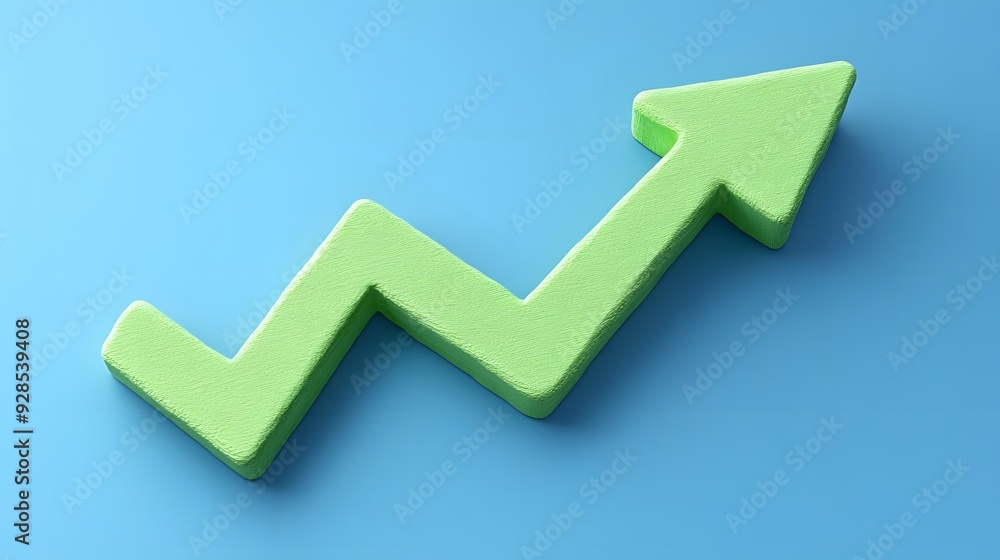 Green zigzag arrow pointing upwards symbolizing growth, success and positive trend on a blue background. Green zigzag arrow pointing upwards symbolizing growth, success and positive trend on a blue background.