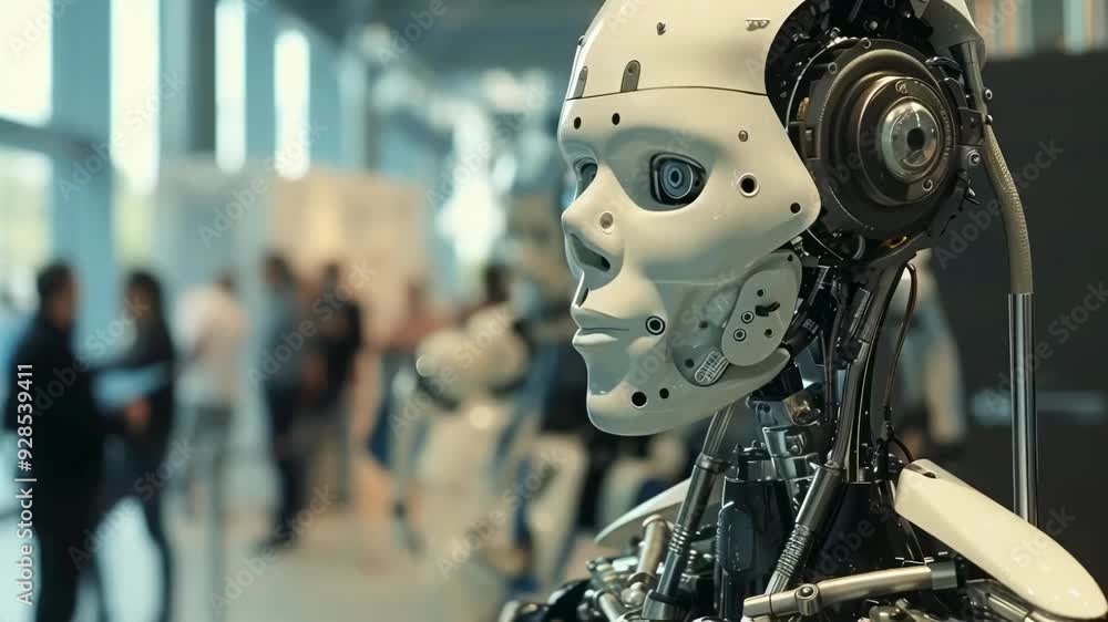 A detailed view of a humanoid robot with intricate mechanical parts at a tech conference. The robot's design highlights advanced technology. Diverse attendees, blurred in the background, create a A detailed view of a humanoid robot with intricate mechanical parts at a tech conference. The robot's design highlights advanced technology. Diverse attendees, blurred in the background, create a