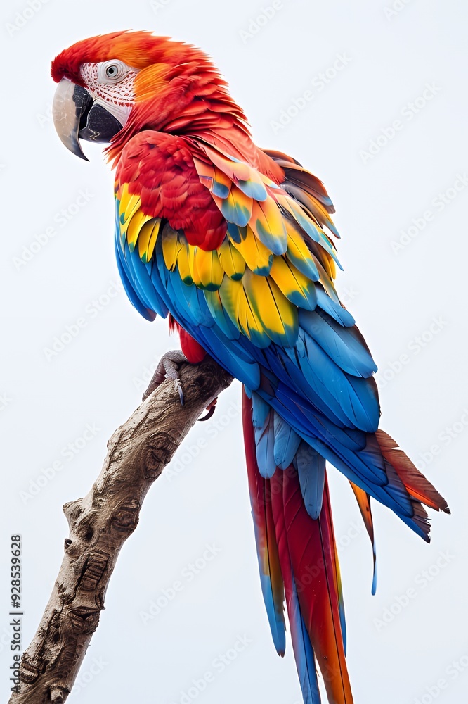 A scarlet macaw perches on a branch, showcasing its vibrant red, blue, and yellow feathers against a white background. A scarlet macaw perches on a branch, showcasing its vibrant red, blue, and yellow feathers against a white background.