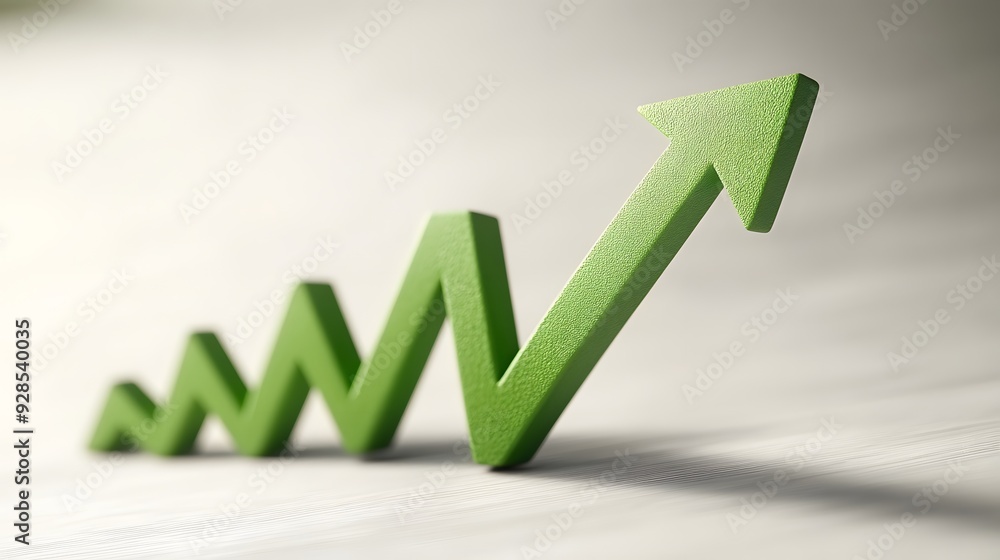 Green zigzag upward arrow symbolizing growth, progress, success, and positive financial trends on a clean white background. Green zigzag upward arrow symbolizing growth, progress, success, and positive financial trends on a clean white background.