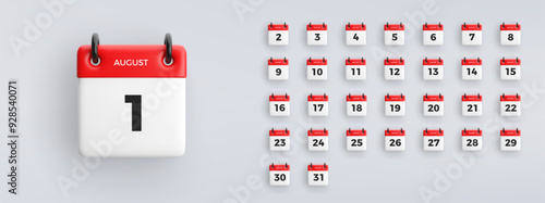 3D calendar icon with date from 1 to 31 of August on gray background. Vector schedule symbol collection.