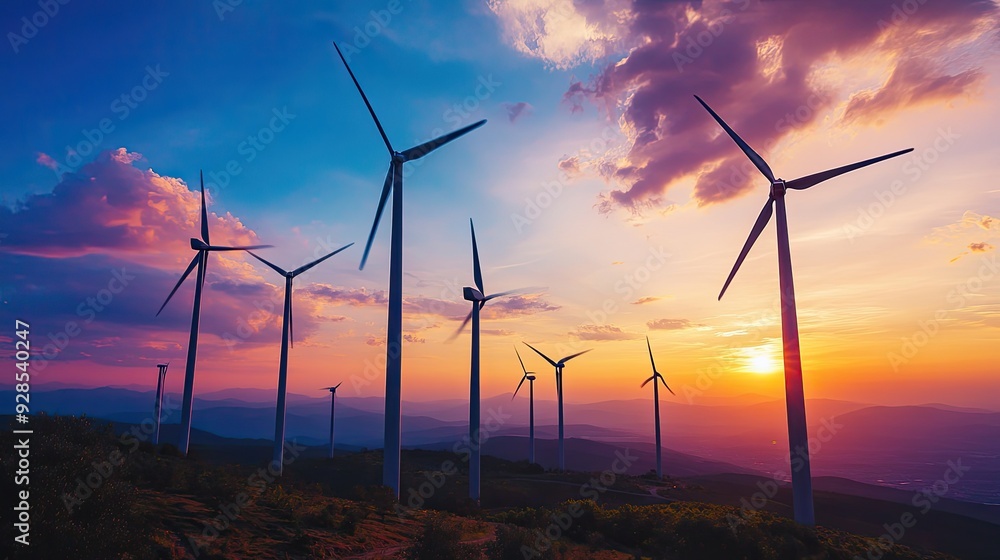 Wind turbines silhouetted against a vibrant sunset sky, their blades spinning gently in the breeze. Wind turbines silhouetted against a vibrant sunset sky, their blades spinning gently in the breeze.