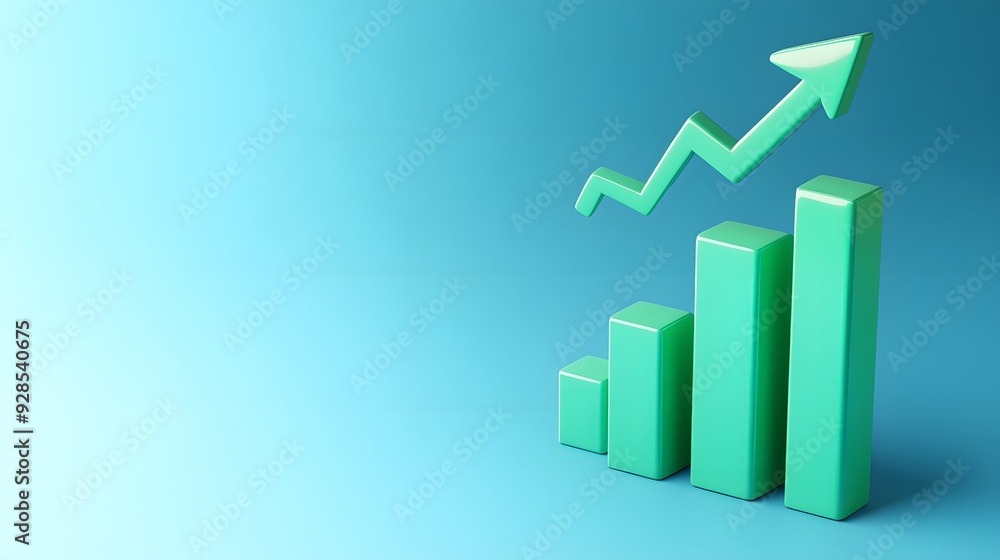 Illustration of a green bar graph with an upward arrow showing positive growth on a blue background. Illustration of a green bar graph with an upward arrow showing positive growth on a blue background.