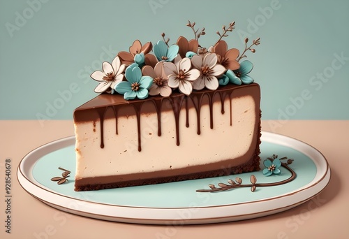 sketch lines, A slice of chocolate cheesecake with a smooth, creamy texture and a light Brown color. The cake is garnished with small chocolate flowers. The background is blurred, clean, pastel