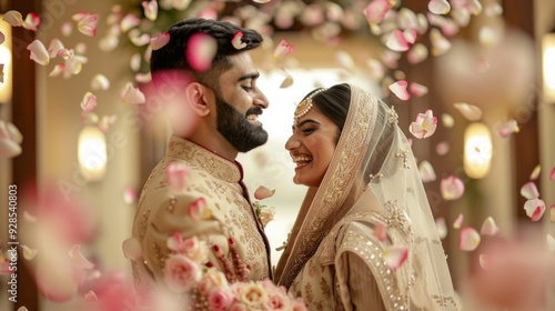 A happy Indian couple embraces each other while flower petals fall around them, celebrating their wedding day in a vibrant venue