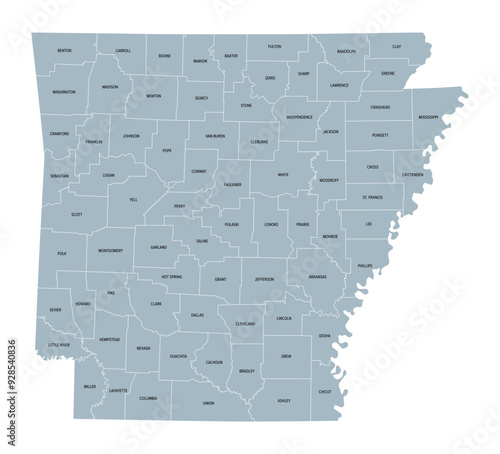 Arkansas, U.S. state, gray political map with borders and county names. State in the West South Central region of the Southern United States, subdivided into 75 counties. Nicknamed The Natural State.