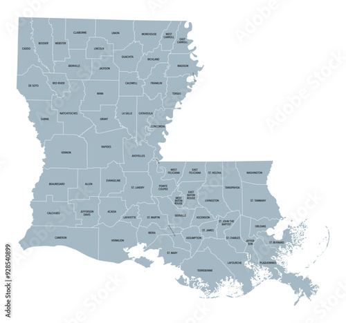 Louisiana, U.S. state, gray political map with borders and parish names. State in the Deep South and South Central regions of the United States, subdivided into 64 parishes. Nicknamed Pelican State.