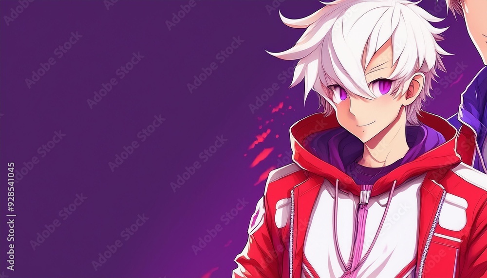 Manga character in red and white school uniform against purple-pink background with space for text. Manga character in red and white school uniform against purple-pink background with space for text.