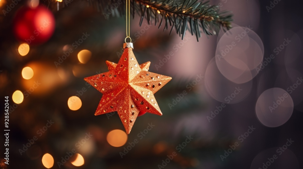 New Year background star toy hanging on the Christmas tree branch. Neural network ai generated art New Year background star toy hanging on the Christmas tree branch. Neural network ai generated art