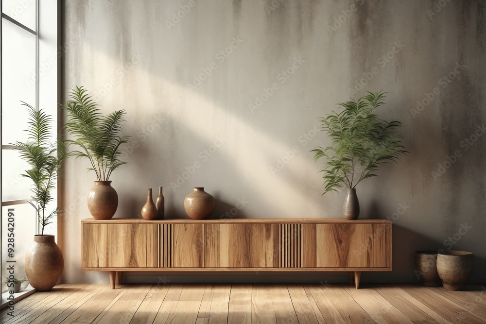 Wooden Cabinet with Potted Plants in Minimalist Room Wooden Cabinet with Potted Plants in Minimalist Room