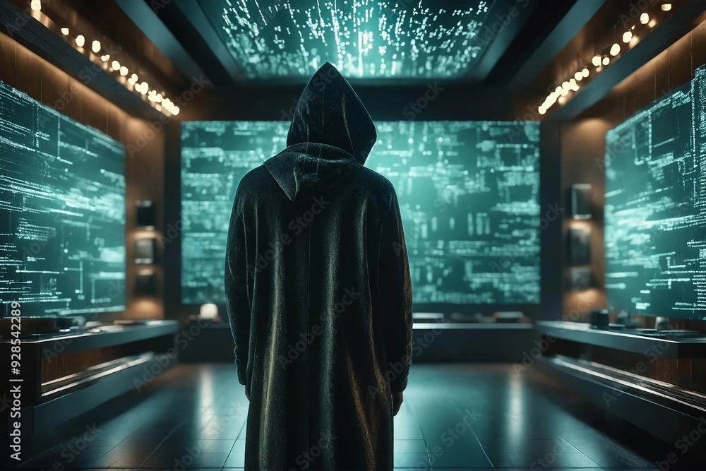 Hooded Figure in High-Tech Room Hooded Figure in High-Tech Room
