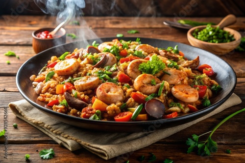 Savory plate of spicy jambalaya overflowing with succulent sausage, juicy shrimp, and flavorful vegetables, served steaming hot against a rustic wooden backdrop.