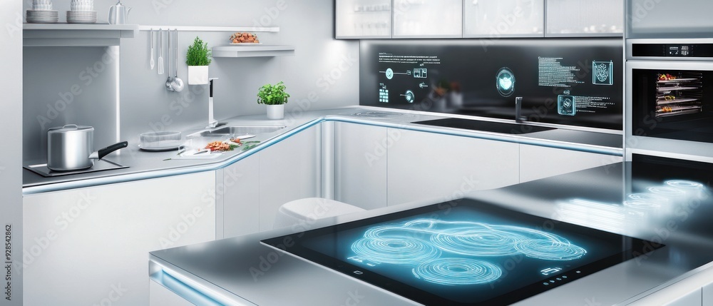 Modern Kitchen with Futuristic Stovetop and Smart Display Modern Kitchen with Futuristic Stovetop and Smart Display