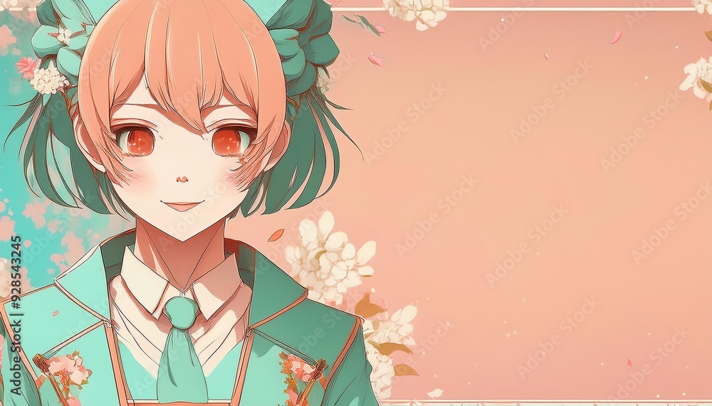Retro style manga characters in pastel colors like peach and mint green, with space for text or headline. Retro style manga characters in pastel colors like peach and mint green, with space for text or headline.