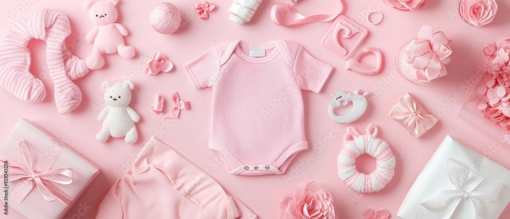 Pink Baby Clothes and Accessories on a Pink Background Pink Baby Clothes and Accessories on a Pink Background
