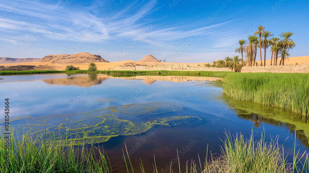 Fototapeta premium Oasis in the desert, mysterious ancient ruins, perfect travel wallpaper