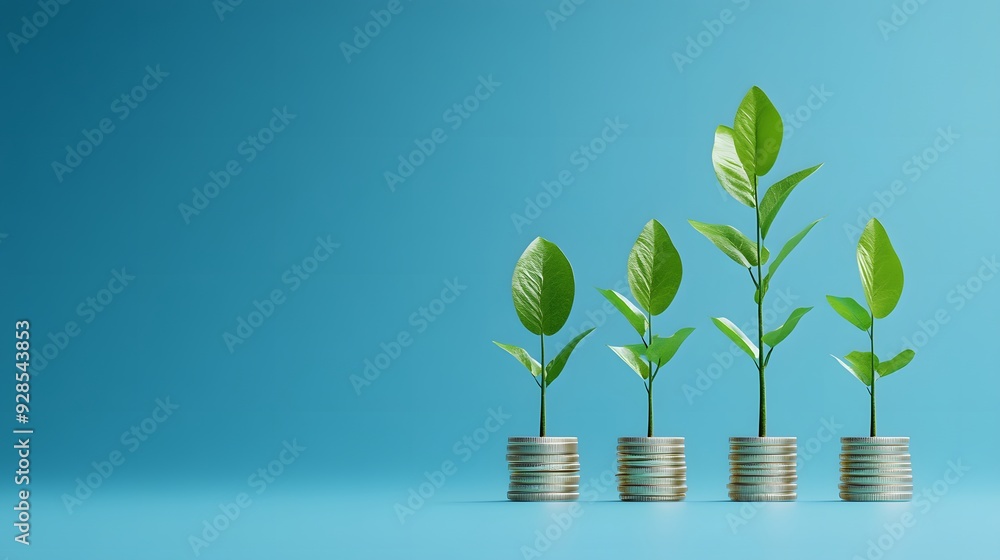Conceptual image of financial growth represented by plants sprouting from stacks of coins against a blue background.