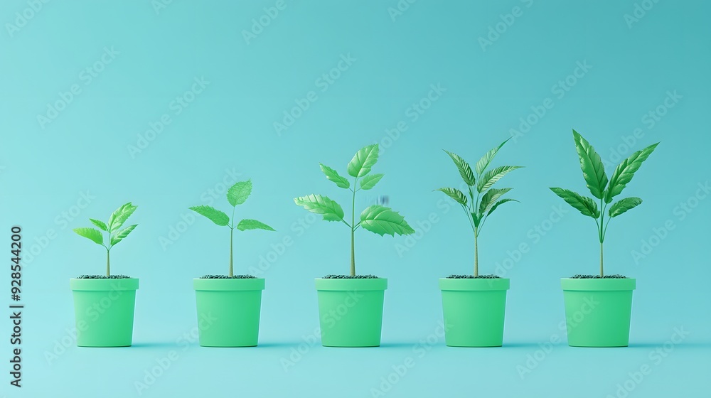 Obraz premium Five green plants in pots illustrating growth concept on a light blue background. Perfect for depicting progress and development.