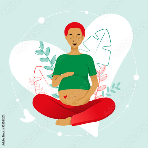 Smiling red hair pregnant woman in jeans in lotus pose tenderly holds her belly on floral background