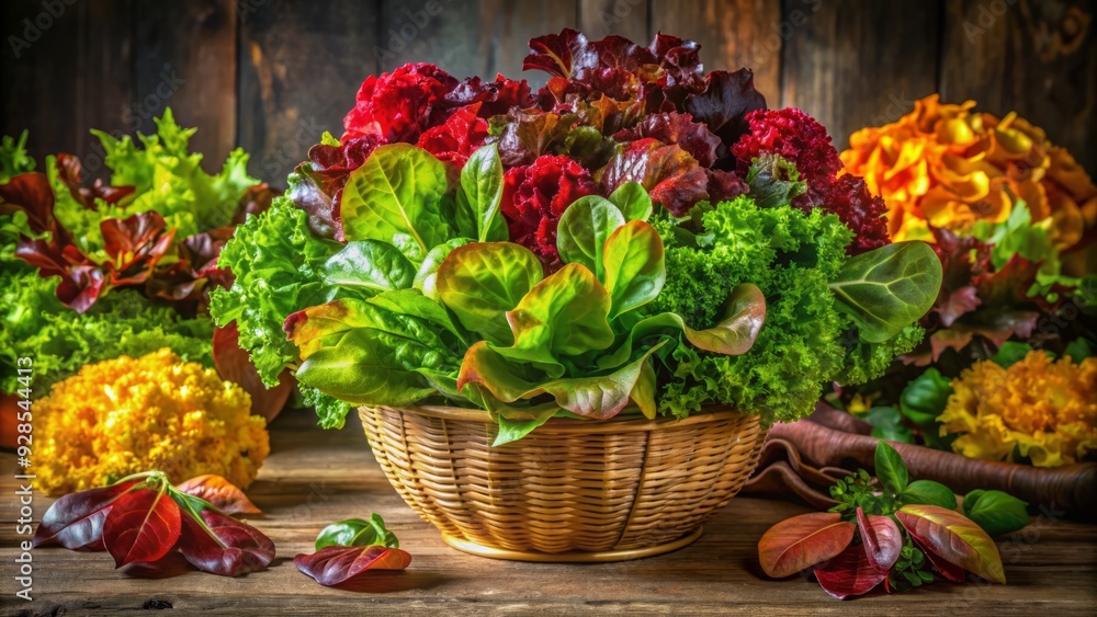 Vibrant arrangement of mixed fresh lettuce varieties showcasing emerald green, crimson red, and golden leaves, artfully presented in a lush, mouthwatering still life display. Vibrant arrangement of mixed fresh lettuce varieties showcasing emerald green, crimson red, and golden leaves, artfully presented in a lush, mouthwatering still life display.