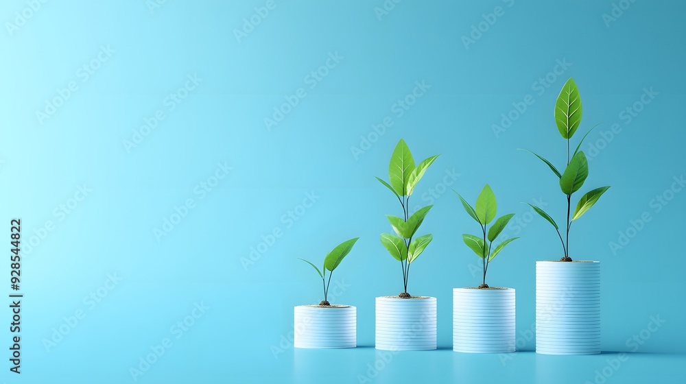 Four potted plants depicting growth on a blue background, symbolizing business progress and development. Four potted plants depicting growth on a blue background, symbolizing business progress and development.