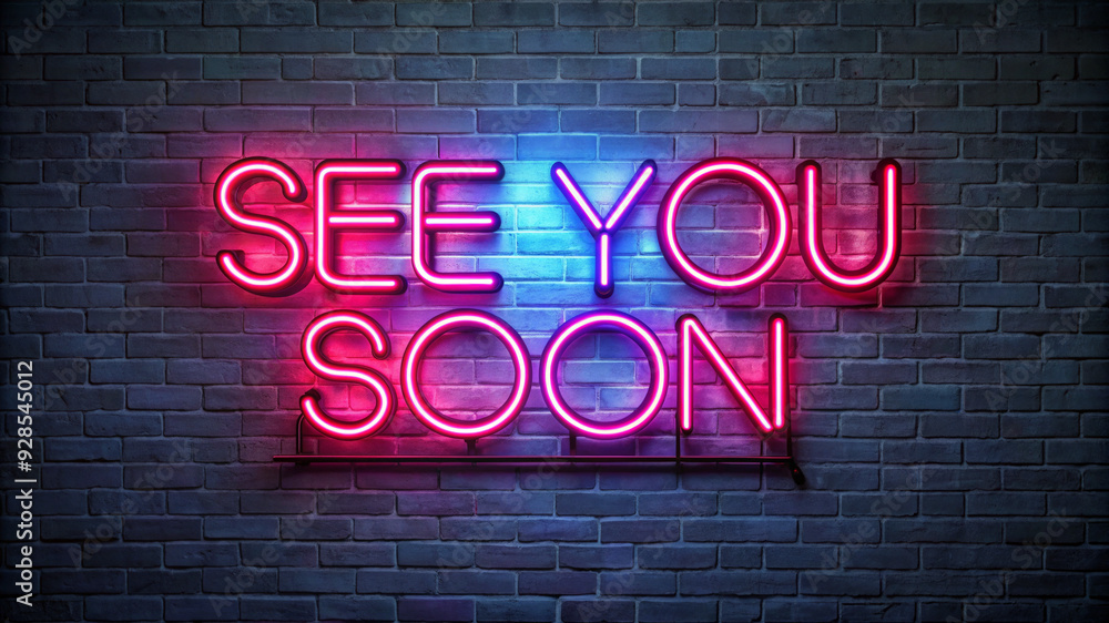 A bright neon sign on a brick wall with the words “SEE YOU SOON” in pink and blue, symbolizing a warm farewell A bright neon sign on a brick wall with the words “SEE YOU SOON” in pink and blue, symbolizing a warm farewell