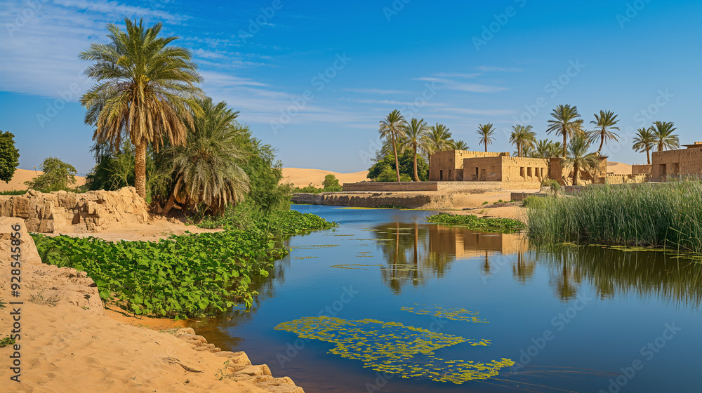 Fototapeta premium Oasis in the desert, mysterious ancient ruins, perfect travel wallpaper