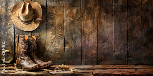 American west cowboy old hat and leather boots on a vintage background photo