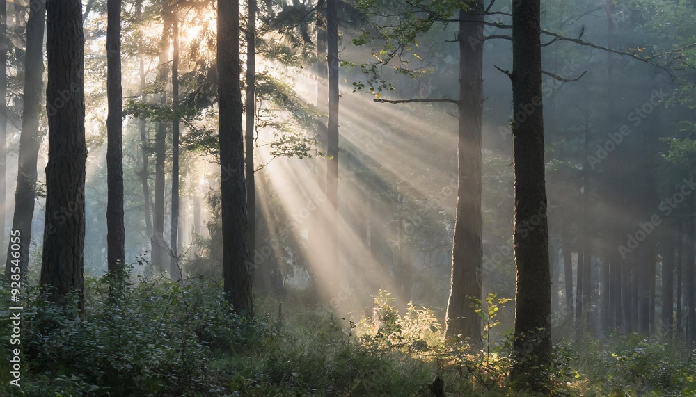 Misty forest at dawn with light rays shining through fog and trees; dramatic scene in the wilderness for background Misty forest at dawn with light rays shining through fog and trees; dramatic scene in the wilderness for background