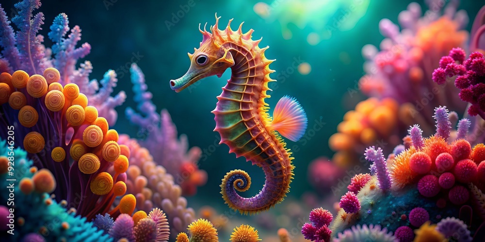 Vibrant coral formations surround a delicate seahorse, its intricate